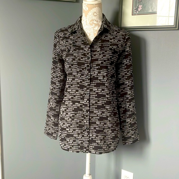 Dkny Tops - DKNY long-sleeved black blouse w/ white design. Button down, Size small.